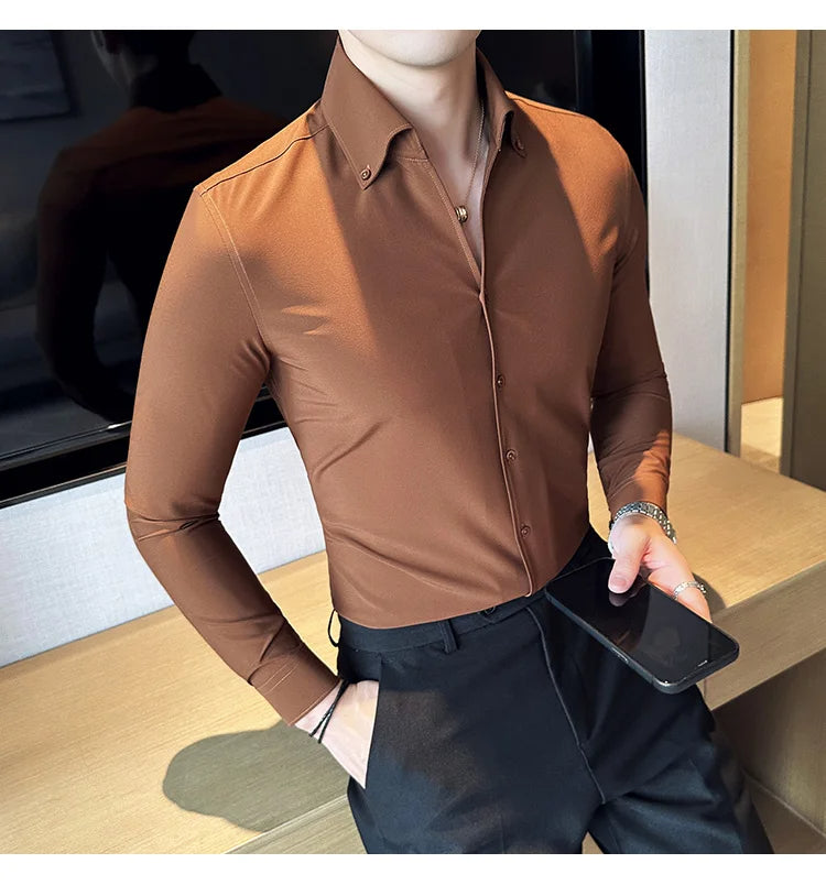Men Dress Shirt 2025 Autumn British Style Solid Casual Slim Fit Formal Camisas V-neck Long Sleeves Shirt Streetwear Men Clothing