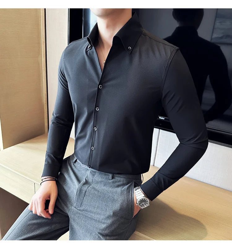 Men Dress Shirt 2025 Autumn British Style Solid Casual Slim Fit Formal Camisas V-neck Long Sleeves Shirt Streetwear Men Clothing