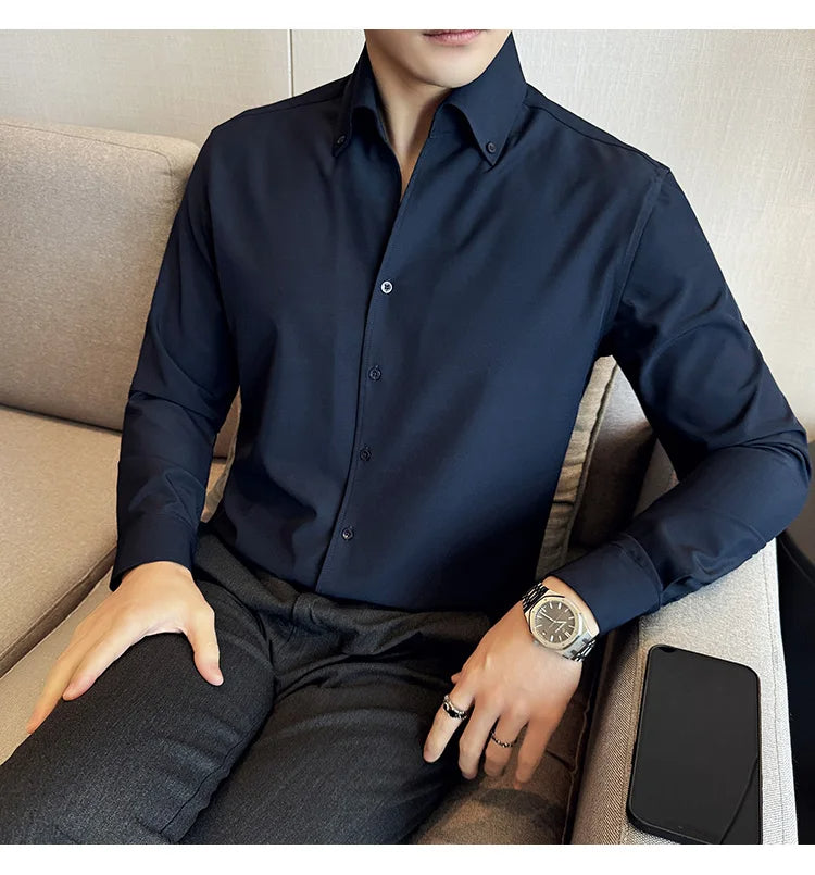 Men Dress Shirt 2025 Autumn British Style Solid Casual Slim Fit Formal Camisas V-neck Long Sleeves Shirt Streetwear Men Clothing
