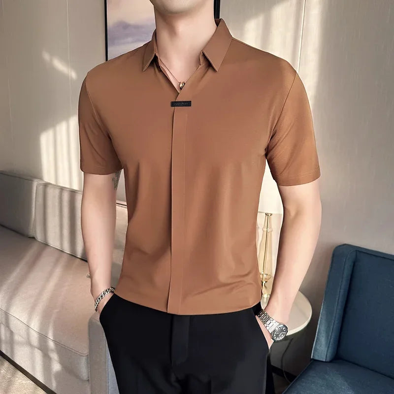 High Elasticity Mens Short Sleeved T-shirt 2025 Summer Breathable and Soft Solid Casual Slim Fit Ice Silk T-shirt Men Clothing