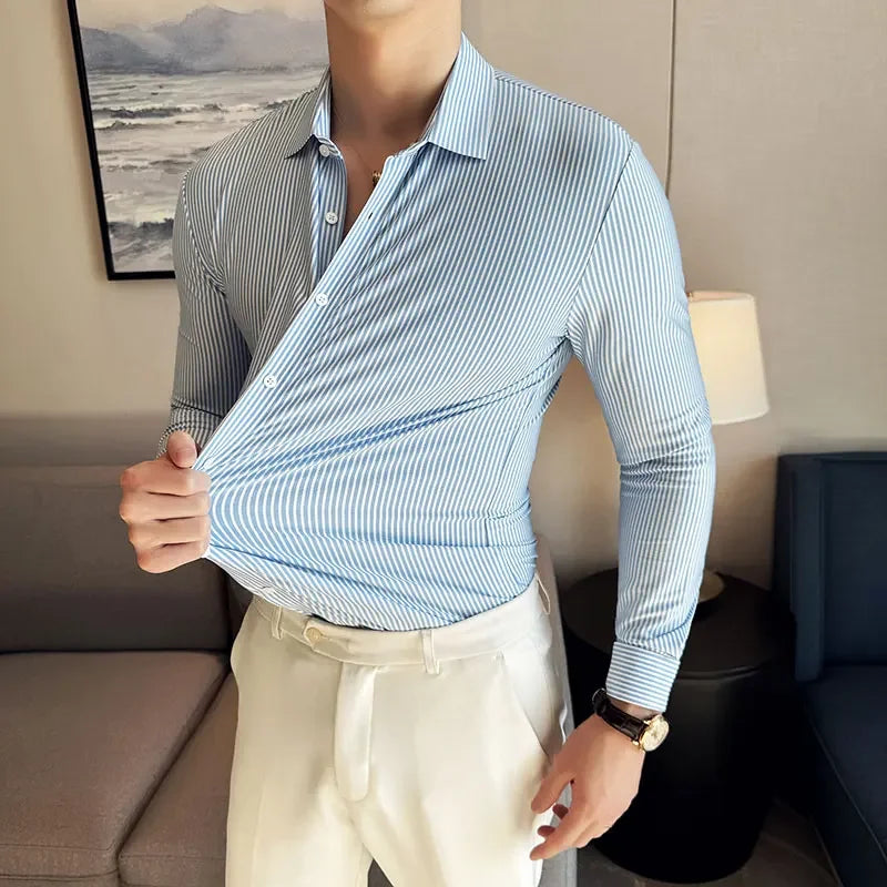 High Elasticity Men Stripe Shirt 2025 Autumn British Style Anti-wrinkle High-End Soft Solid Casual Slim Fit Long Sleeved Shirt
