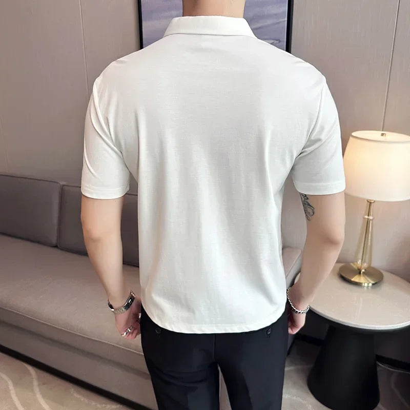High Elasticity Mens Short Sleeved T-shirt 2025 Summer Breathable and Soft Solid Casual Slim Fit Ice Silk T-shirt Men Clothing
