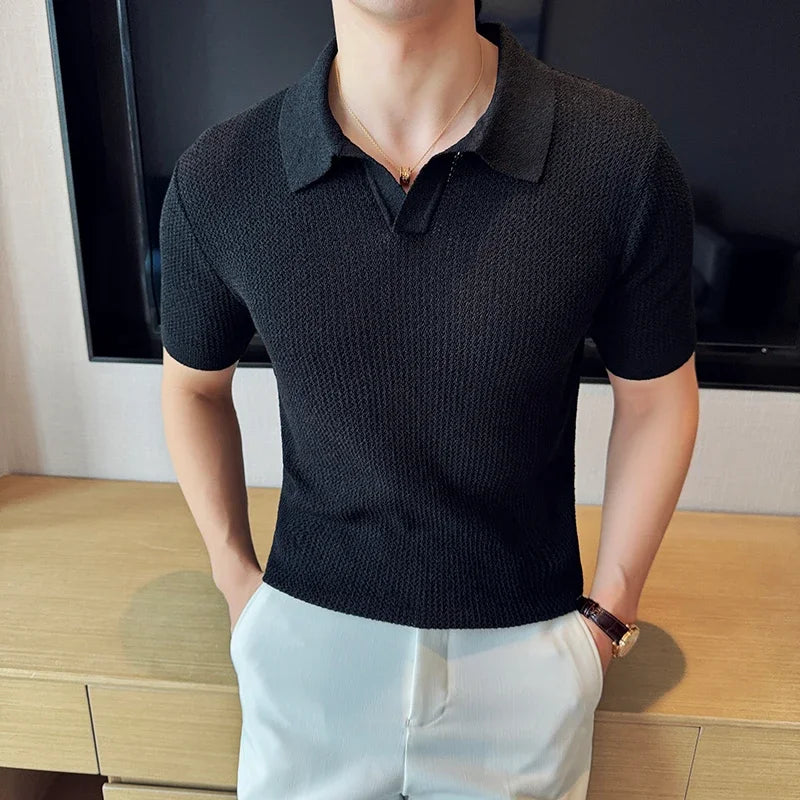Men Knitted Polo Shirt 2025 Summer New High-quality Solid Casual Elastic Slim Fit Short Sleeved V-neck Top T-shirt Men Clothing