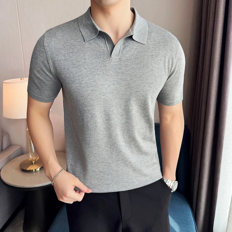 High Elasticity Knitted Men Polo Shirt Short Sleeved 2025 Summer New Ice Silk Light Thin Solid Casual Top T-shirt Men Clothing