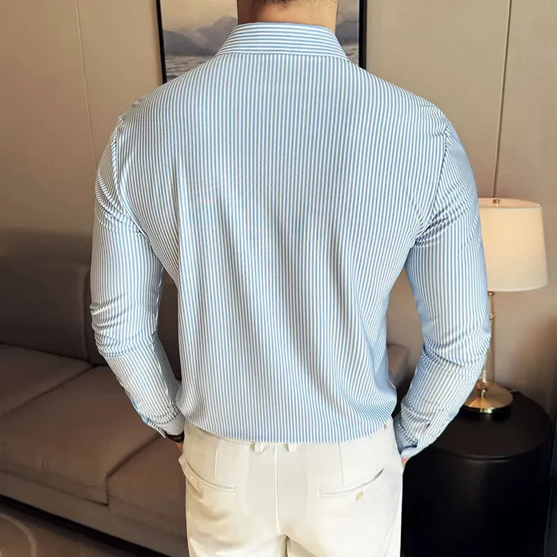 High Elasticity Men Stripe Shirt 2025 Autumn British Style Anti-wrinkle High-End Soft Solid Casual Slim Fit Long Sleeved Shirt