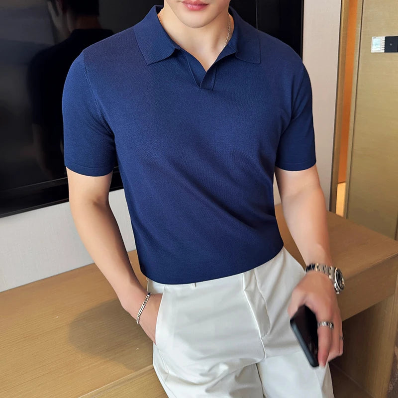 High Elasticity Knitted Men Polo Shirt Short Sleeved 2025 Summer New Ice Silk Light Thin Solid Casual Top T-shirt Men Clothing