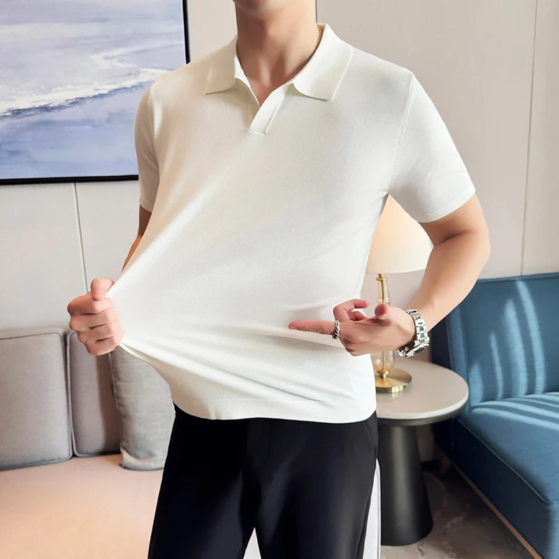 High Elasticity Knitted Men Polo Shirt Short Sleeved 2025 Summer New Ice Silk Light Thin Solid Casual Top T-shirt Men Clothing