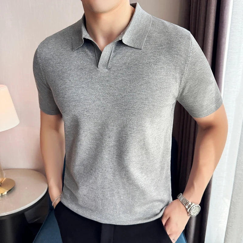 High Elasticity Knitted Men Polo Shirt Short Sleeved 2025 Summer New Ice Silk Light Thin Solid Casual Top T-shirt Men Clothing