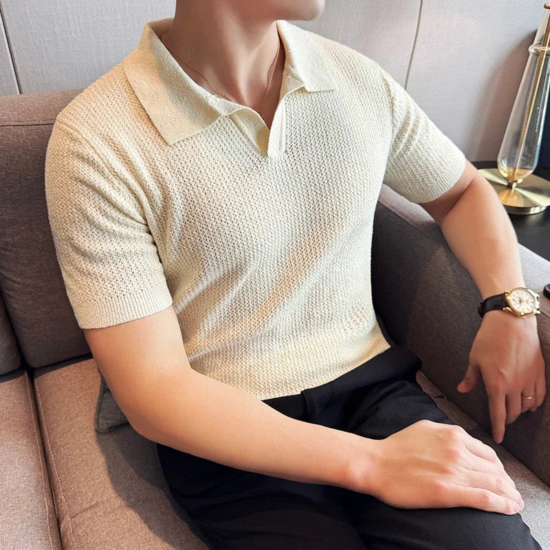 Men Knitted Polo Shirt 2025 Summer New High-quality Solid Casual Elastic Slim Fit Short Sleeved V-neck Top T-shirt Men Clothing