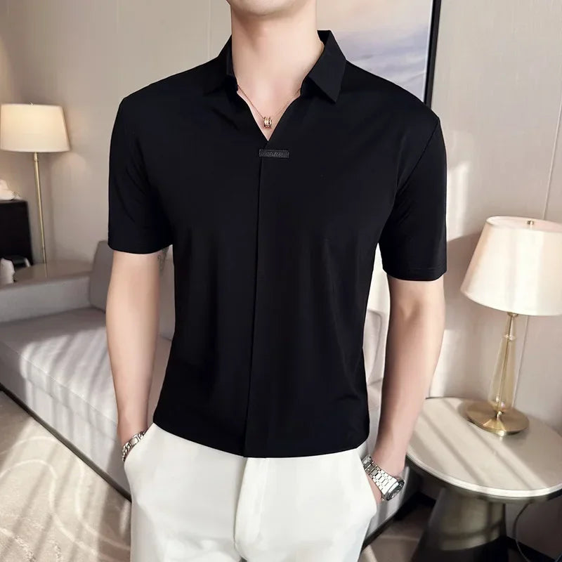High Elasticity Mens Short Sleeved T-shirt 2025 Summer Breathable and Soft Solid Casual Slim Fit Ice Silk T-shirt Men Clothing