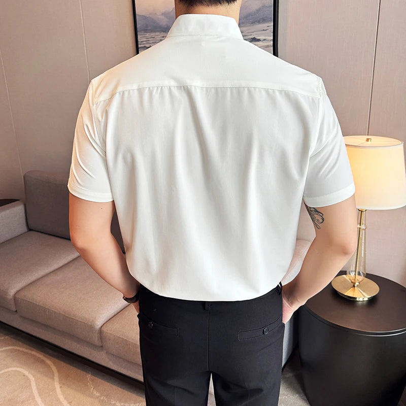 Chinese Style Standing Collar Short Sleeved Men Shirt 2024 Summer Solid Casual Elastic Slim Fit Shirt Fashionable Men Clothing