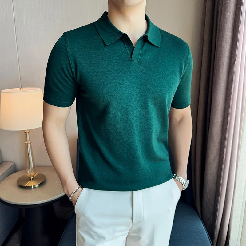 High Elasticity Knitted Men Polo Shirt Short Sleeved 2025 Summer New Ice Silk Light Thin Solid Casual Top T-shirt Men Clothing