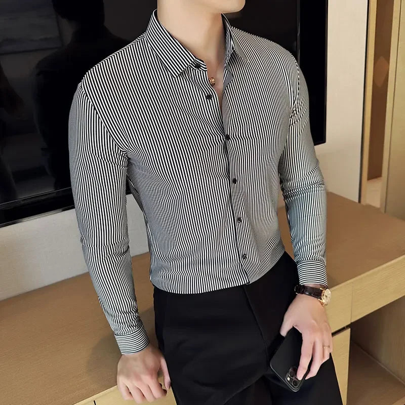 High Elasticity Men Stripe Shirt 2025 Autumn British Style Anti-wrinkle High-End Soft Solid Casual Slim Fit Long Sleeved Shirt