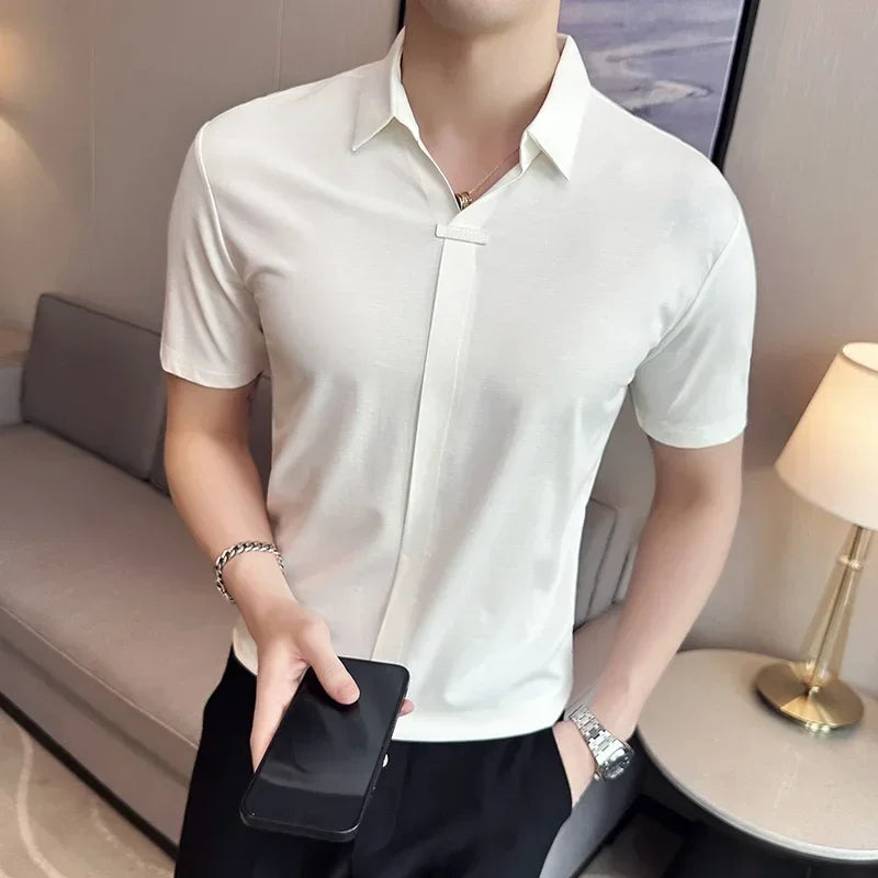 High Elasticity Mens Short Sleeved T-shirt 2025 Summer Breathable and Soft Solid Casual Slim Fit Ice Silk T-shirt Men Clothing