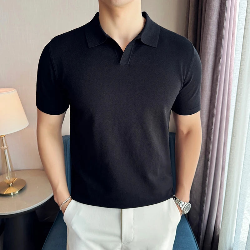 High Elasticity Knitted Men Polo Shirt Short Sleeved 2025 Summer New Ice Silk Light Thin Solid Casual Top T-shirt Men Clothing