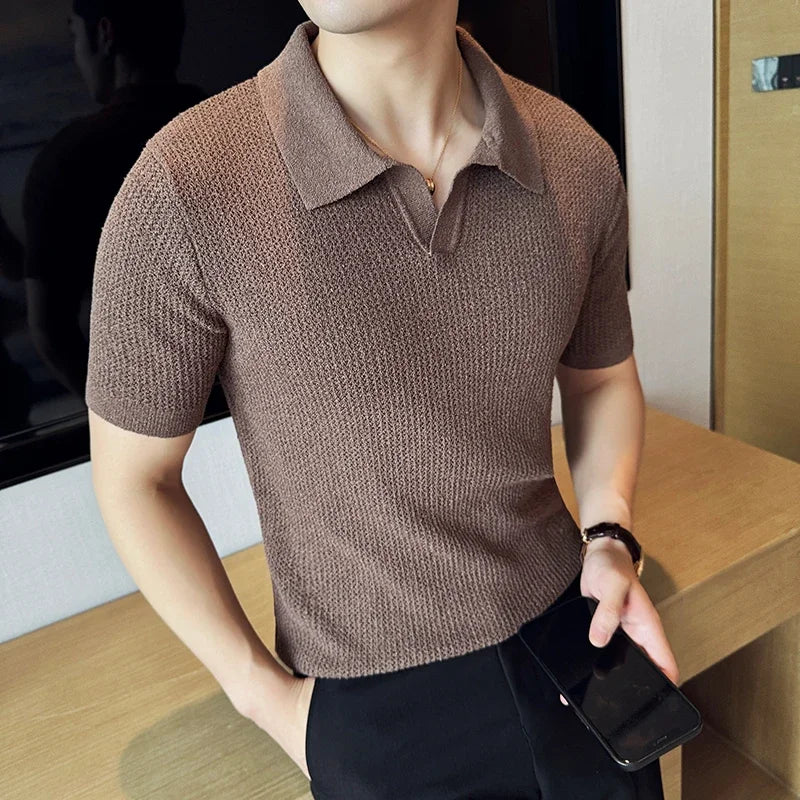 Men Knitted Polo Shirt 2025 Summer New High-quality Solid Casual Elastic Slim Fit Short Sleeved V-neck Top T-shirt Men Clothing