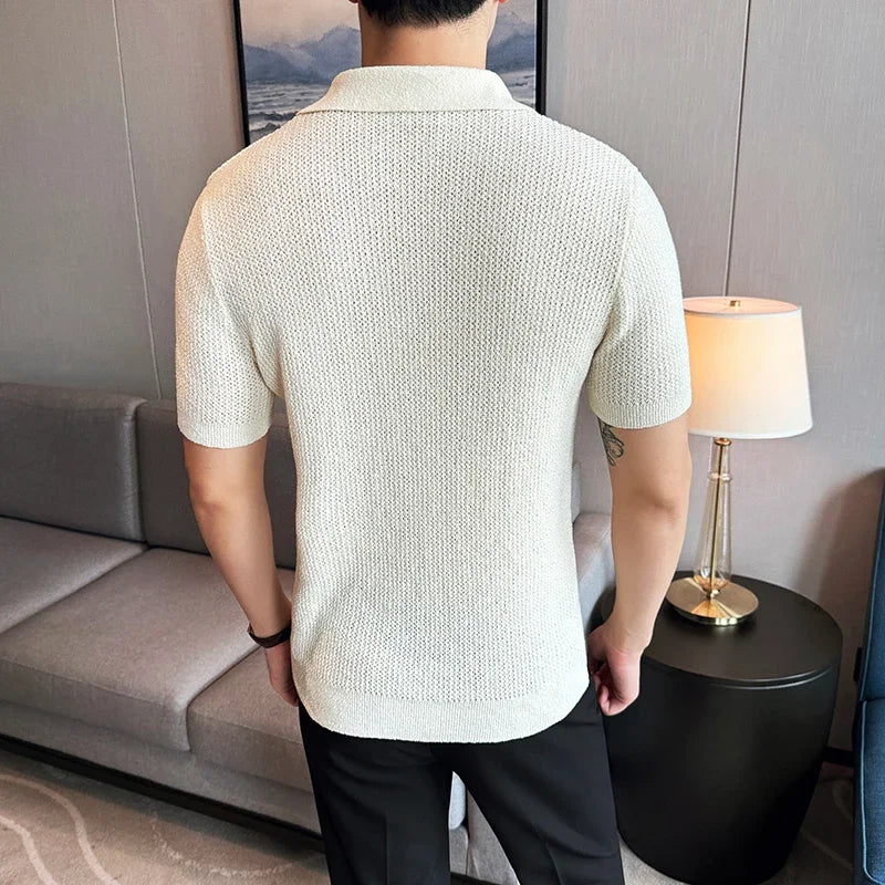 Men Knitted Polo Shirt 2025 Summer New High-quality Solid Casual Elastic Slim Fit Short Sleeved V-neck Top T-shirt Men Clothing