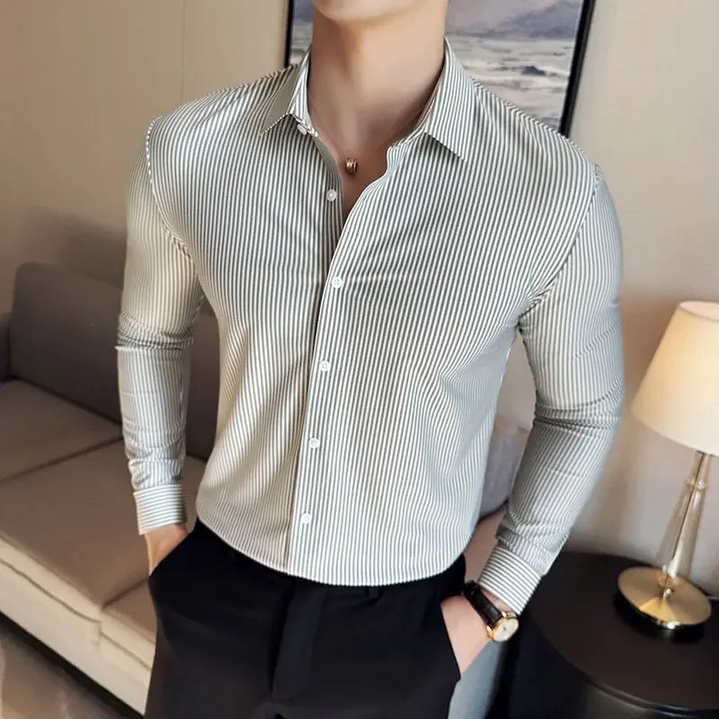 High Elasticity Men Stripe Shirt 2025 Autumn British Style Anti-wrinkle High-End Soft Solid Casual Slim Fit Long Sleeved Shirt