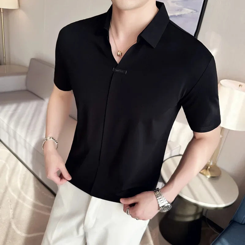 High Elasticity Mens Short Sleeved T-shirt 2025 Summer Breathable and Soft Solid Casual Slim Fit Ice Silk T-shirt Men Clothing