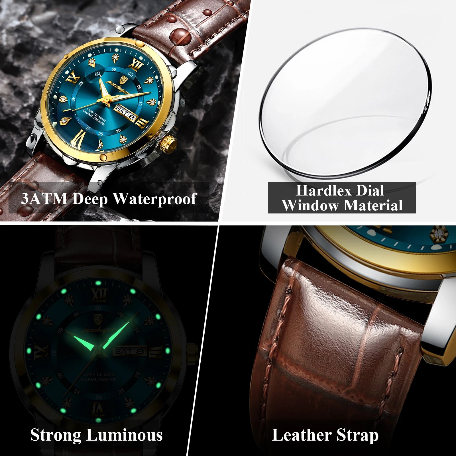 POEDAGAR Luxury Business Men Watch Waterproof Luminous Week Date Man Wristwatch High Quality Leather Sports Men's Quartz Watches