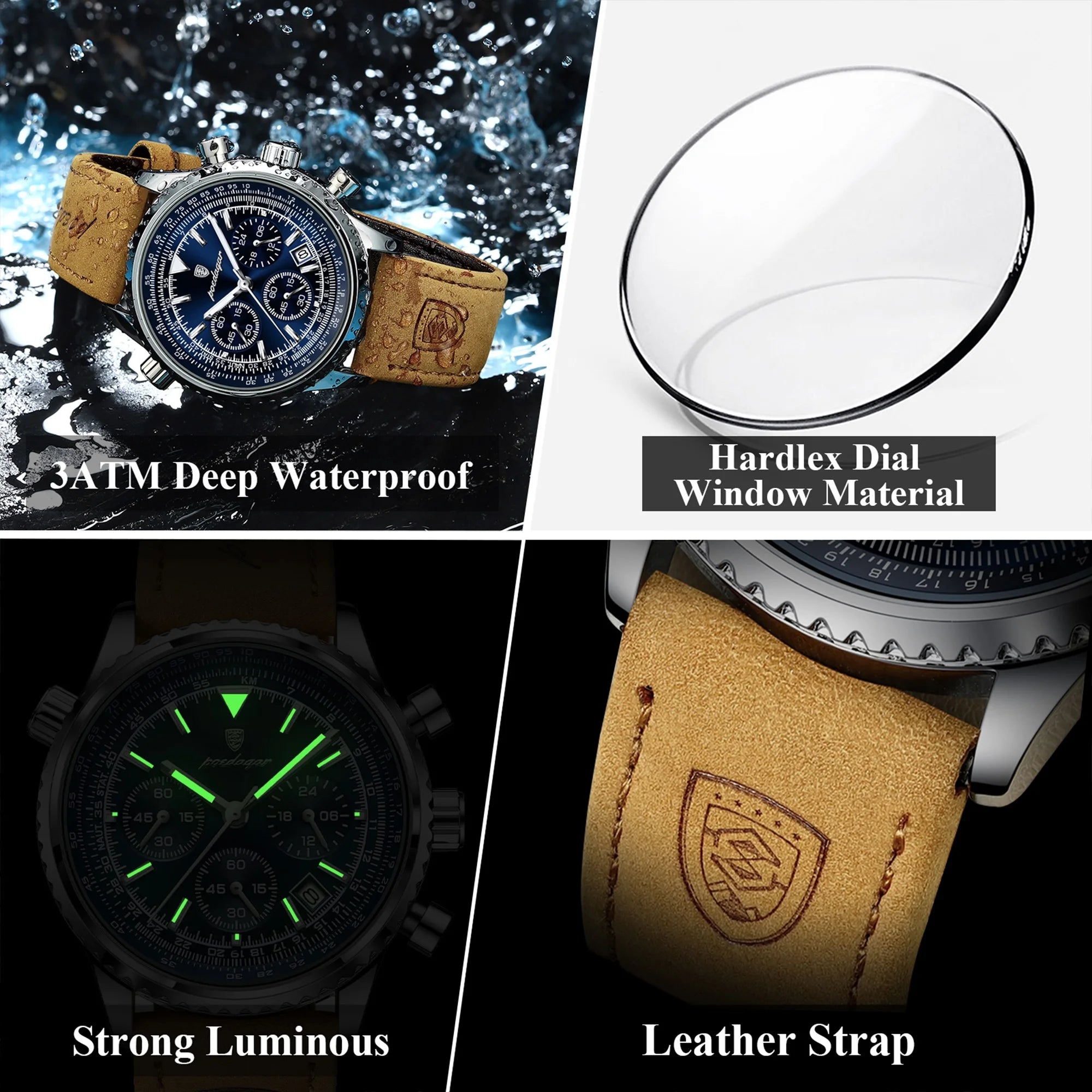POEDAGAR Luxury Men Watch Waterproof Luminous Calendar Chronograph Sports Man Wristwatch Leather Men's Quartz Watches Male Reloj