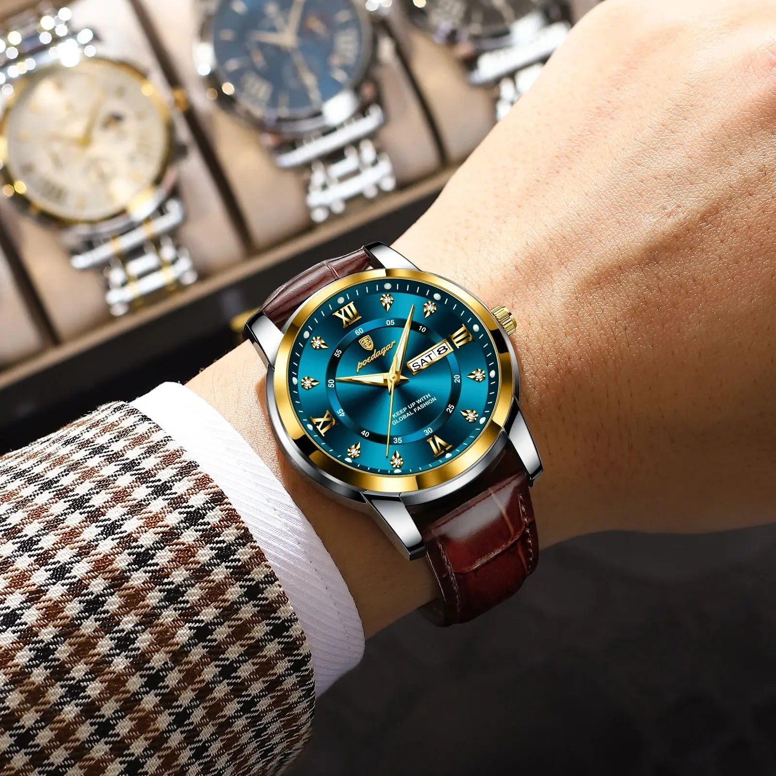 POEDAGAR Luxury Business Men Watch Waterproof Luminous Week Date Man Wristwatch High Quality Leather Sports Men's Quartz Watches