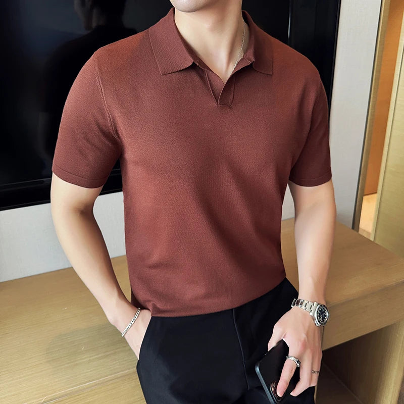 High Elasticity Knitted Men Polo Shirt Short Sleeved 2025 Summer New Ice Silk Light Thin Solid Casual Top T-shirt Men Clothing